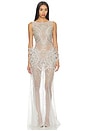 view 1 of 4 Mosaic Crystal Embroidery Sleeveless Boatneck Gown in Silver