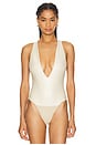 view 2 of 5 Faux Leather Plunge Neck Bodysuit in Sand