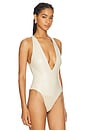 view 3 of 5 Faux Leather Plunge Neck Bodysuit in Sand
