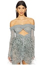 view 1 of 5 Mesh Off The Shoulder Cut Out Ruched Bodysuit in Jade