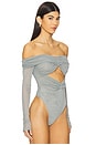 view 3 of 5 Mesh Off The Shoulder Cut Out Ruched Bodysuit in Jade