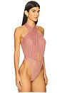 view 3 of 5 Mesh Halter Cutout Bodysuit in Clay