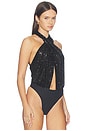 view 4 of 6 Mini Stretch Sequin Halter Cutout Bodysuit in Black