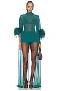 view 1 of 3 Lightweight Georgette High Low Mock Neck Top With Feathers in Emerald