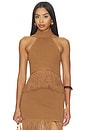 view 1 of 4 Chrissa Halter Fringe Crop Top in Brown