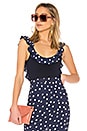 view 1 of 5 Tank Bodysuit With Ruffle in Navy Polka Dot