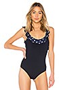 view 2 of 5 Tank Bodysuit With Ruffle in Navy Polka Dot
