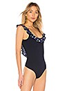 view 3 of 5 Tank Bodysuit With Ruffle in Navy Polka Dot