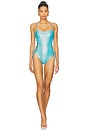 view 1 of 4 Luminous Square Neck Laced Up One Piece Swimsuit in Metallic Blue