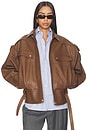 view 1 of 5 Belted Leather Bomber Jacket in Beige