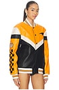 view 4 of 6 Turbo Charged Faux Leather Jacket in Orange & Black