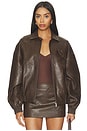 view 1 of 6 Faux Leather Floral Imprinted Baseball Jacket in Brown