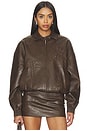view 2 of 6 Faux Leather Floral Imprinted Baseball Jacket in Brown