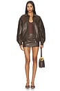 view 5 of 6 Faux Leather Floral Imprinted Baseball Jacket in Brown