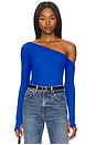 view 1 of 5 Magdalino Asymmetrical Fitted Cold Shoulder Long Sleeve Top in Cobalt
