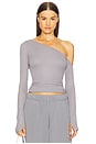 view 1 of 5 Magdalino Asymmetrical Fitted Cold Shoulder Long Sleeve Top in Pewter