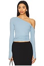 view 1 of 5 Magdaleno Long Sleeve Asymmetrical Fitted Cold Shoulder Top in Ice Blue