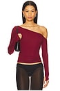 view 1 of 4 Magdaleno Asymmetrical Fitted Cold Shoulder Long Sleeve Top in Berry Wine