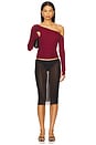 view 4 of 4 Magdaleno Asymmetrical Fitted Cold Shoulder Long Sleeve Top in Berry Wine