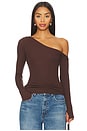 view 1 of 4 Magdaleno Long Sleeve Fitted Asymmetrical Cold Shoulder Top in Dark Brown