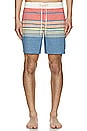 view 3 of 3 4 Way Stretch Board Short in Blue & Warm Sunset Stripe
