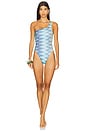 view 1 of 4 One Piece Swimsuit in Blue & Green Macro Chevron