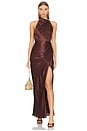 view 1 of 3 Galilea High Neck Gold Trim Maxi Dress in Espresso