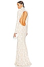 view 1 of 3 Long Sleeve Turtle Open Back Fishtail Gown in Ivory, Peony, & Nude