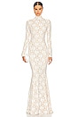 view 2 of 3 Long Sleeve Turtle Open Back Fishtail Gown in Ivory, Peony, & Nude