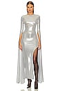 view 1 of 4 Open Back Ribbon Sleeve Wide Slit Gown in Silver