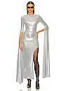 view 4 of 4 Open Back Ribbon Sleeve Wide Slit Gown in Silver