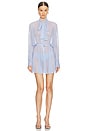 view 1 of 3 Super Oversized Boyfriend Shirt Flared Mini Dress With Bow in Misty Blue