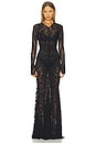 view 1 of 3 Long Sleeve V Neck Shirred Front Fishtail Gown in Black