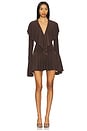 view 1 of 3 VESTIDO CURTO DE MANGA COMPRIDA COM DECOTE EM V PROFUNDO E BABADOS in Chocolate
