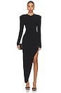 view 1 of 3 Long Sleeve Shoulder Pad V Neck Side Drape Gown in Black