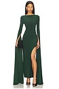 view 1 of 5 Open Back Ribbon Sleeve Wide Slit Gown in Dark Emerald