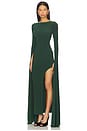 view 3 of 5 Open Back Ribbon Sleeve Wide Slit Gown in Dark Emerald