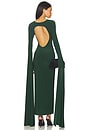 view 5 of 5 Open Back Ribbon Sleeve Wide Slit Gown in Dark Emerald