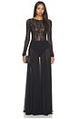 view 1 of 4 Long Sleeve Crew Flared Gown in Black & Black Mesh