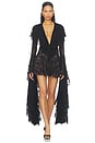view 1 of 4 BODY DE MANGA XL CON ESCOTE EN V PROFUNDO Y VOLANTES in Black & Dark Nude Mesh