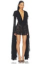 view 2 of 4 BODY DE MANGA XL CON ESCOTE EN V PROFUNDO Y VOLANTES in Black & Dark Nude Mesh