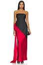 view 1 of 3 Spliced Bias Strapless Gown With Bow in Tiger Red & Black