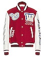 view 1 of 6 On The Go Leather Sleeve Varsity Jacket in Red & Off White