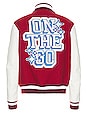 view 2 of 6 On The Go Leather Sleeve Varsity Jacket in Red & Off White
