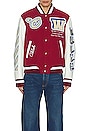 view 5 of 6 On The Go Leather Sleeve Varsity Jacket in Red & Off White