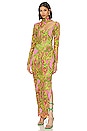 view 1 of 5 Zusi Asymmetrical Gown in Neon Green & Pink Combo
