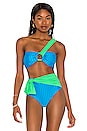 view 1 of 4 Colorblock One Shoulder Bikini Top in Neon Green & Antibes Blue