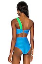 view 3 of 4 Colorblock One Shoulder Bikini Top in Neon Green & Antibes Blue