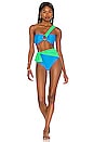 view 4 of 4 Colorblock One Shoulder Bikini Top in Neon Green & Antibes Blue
