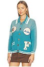 view 3 of 6 Varsity Patch Collared Cardigan in Ocean Blue